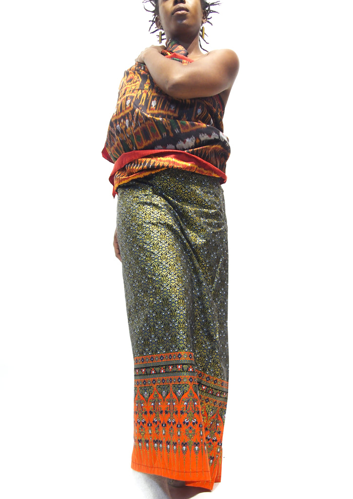 Ensemble 19: Heirloom Temple/ Buddha Scene 100% Silk Wrap with Printed Wrap Skirt from Thailand - Each Item Sold Separately