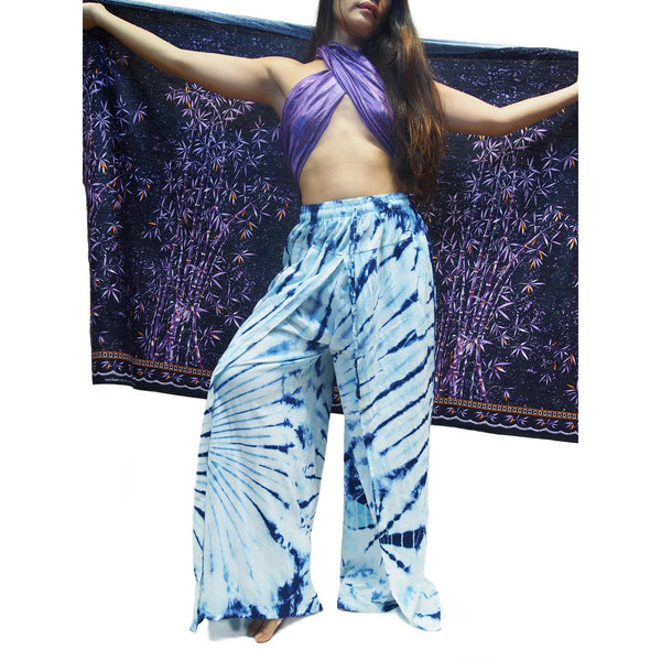 Tie Dye Open-Leg Pant Blue/White With Bali Indonesia Printed Sarong And Thai 100% Silk Scarf 20 EACH PIECE SOLD SEPARATELY
