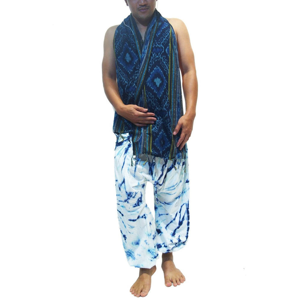Tie Dye Harem Pant Blue/White With Sumba Indonesia Ikat Scarf And Thai Farmer Hat 22
