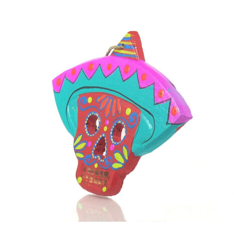 Painted Wooden Skull with Sombrero Ornament