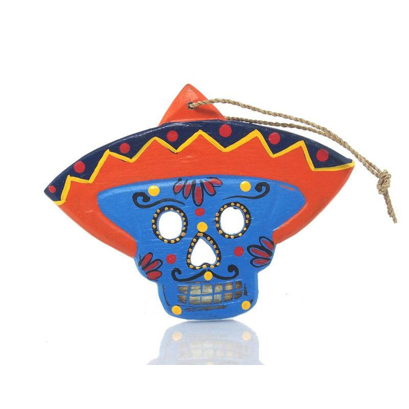 Painted Wooden Skull with Sombrero Ornament