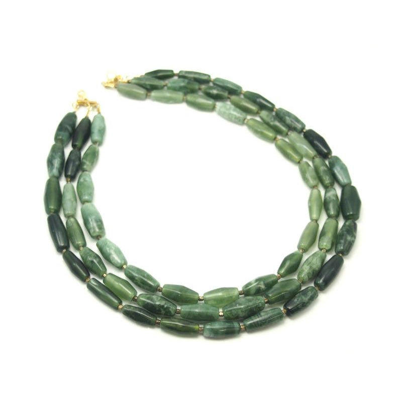 Afghanistan Serpentine/ Bowenite Barrel Lozenge Shape Beads Three Tier Necklace with Brass Spacers and Clasp