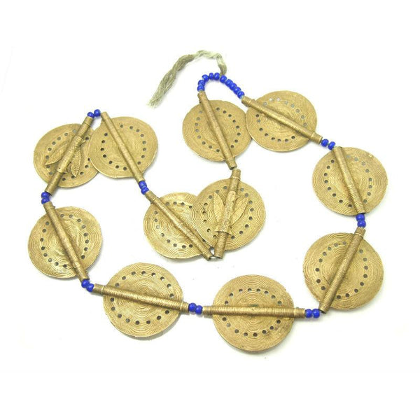 Baoule Authentic Hand Cast Brass Beads Necklace Medium with Classic Sun Disc Shapes Punched Holes EAGLE/ DOVE MOTIF