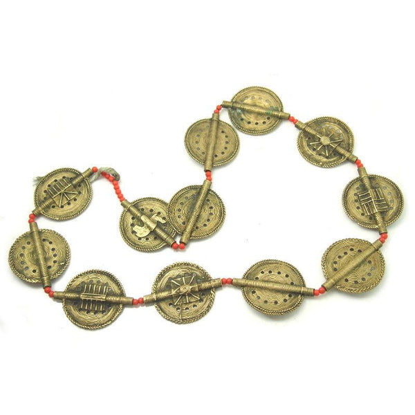Baoule Authentic Hand Cast Brass Beads Necklace Medium with Classic Sun Disc Shapes Punched Holes and CLASSIC ASANTE GOLD WEIGHT MOTIF DESIGNS