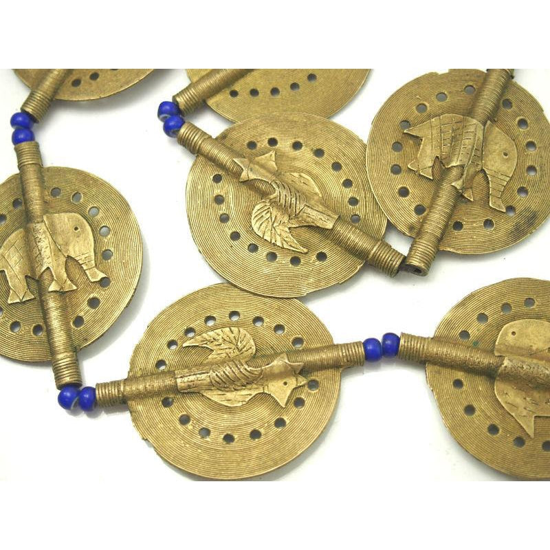 Baoule Authentic Hand Cast Brass Beads Necklace Large with Classic Sun Disc Shapes Punched Holes ELEPHANT/ ROOSTER MOTIF