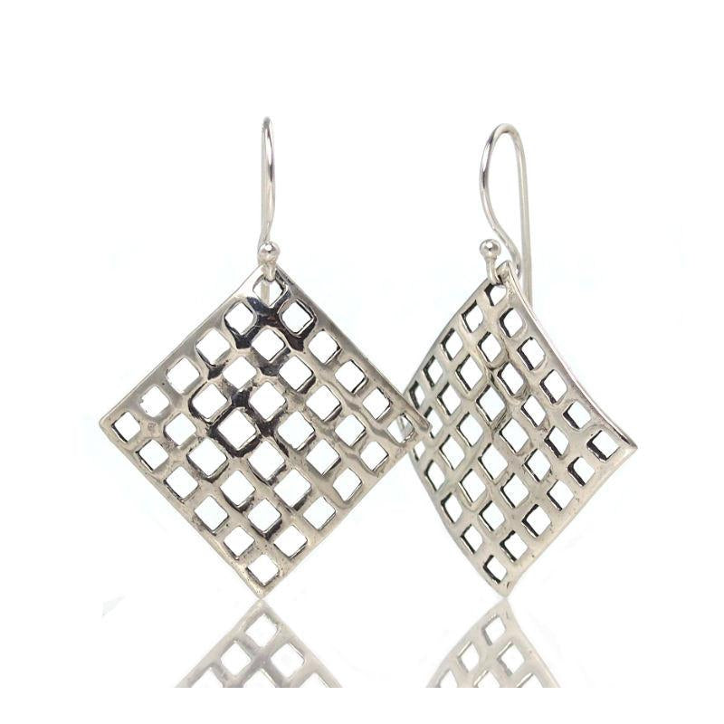 Sterling Silver Lattice Square Diamond Earrings