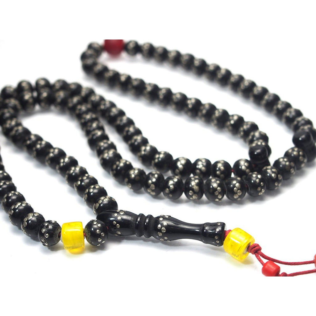 Yemen Heirloom Black Plastic Resin "Black Coral" Prayer Beads Hand Inlaid with Silver