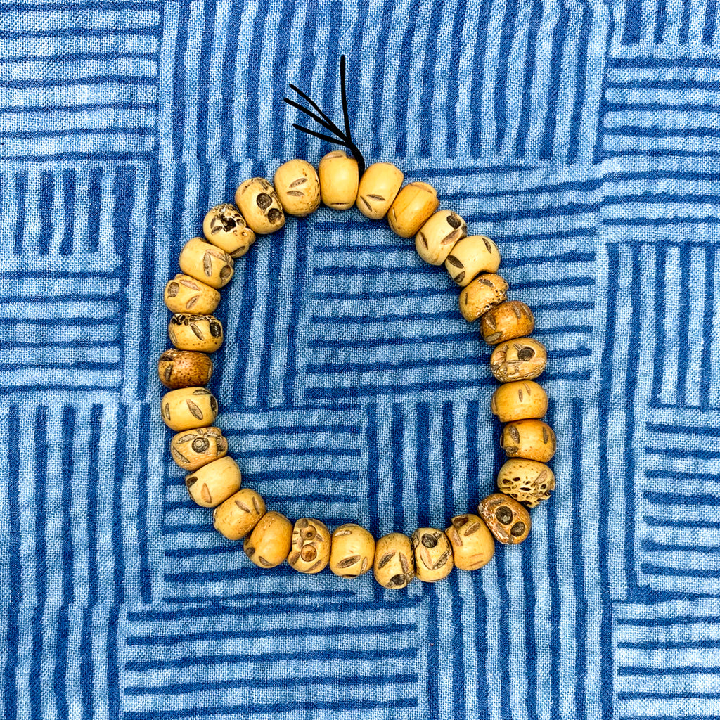 Skull Beads Hand Carved Bone "Memento Mori" Rondelle Stretch Bracelet
