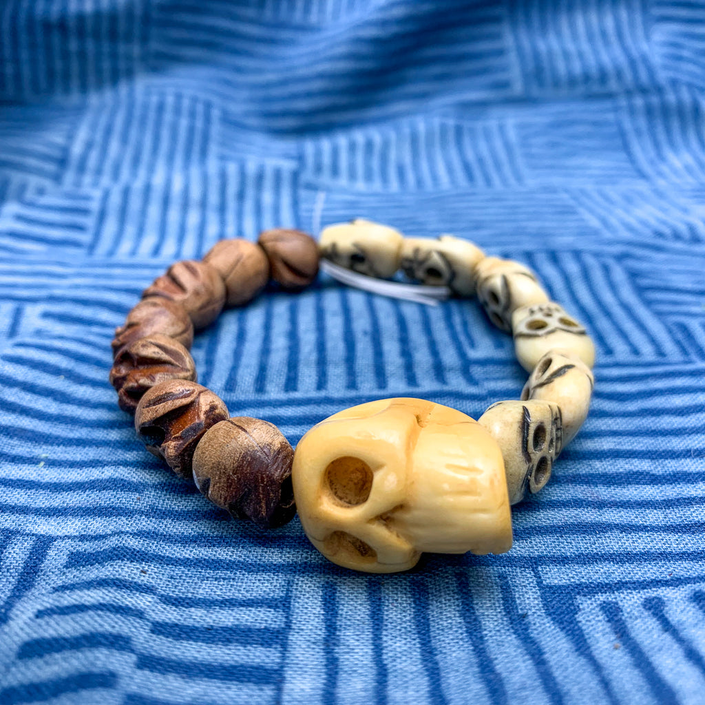 Memento Mori Wood and Bone Skull Stretch Bracelet