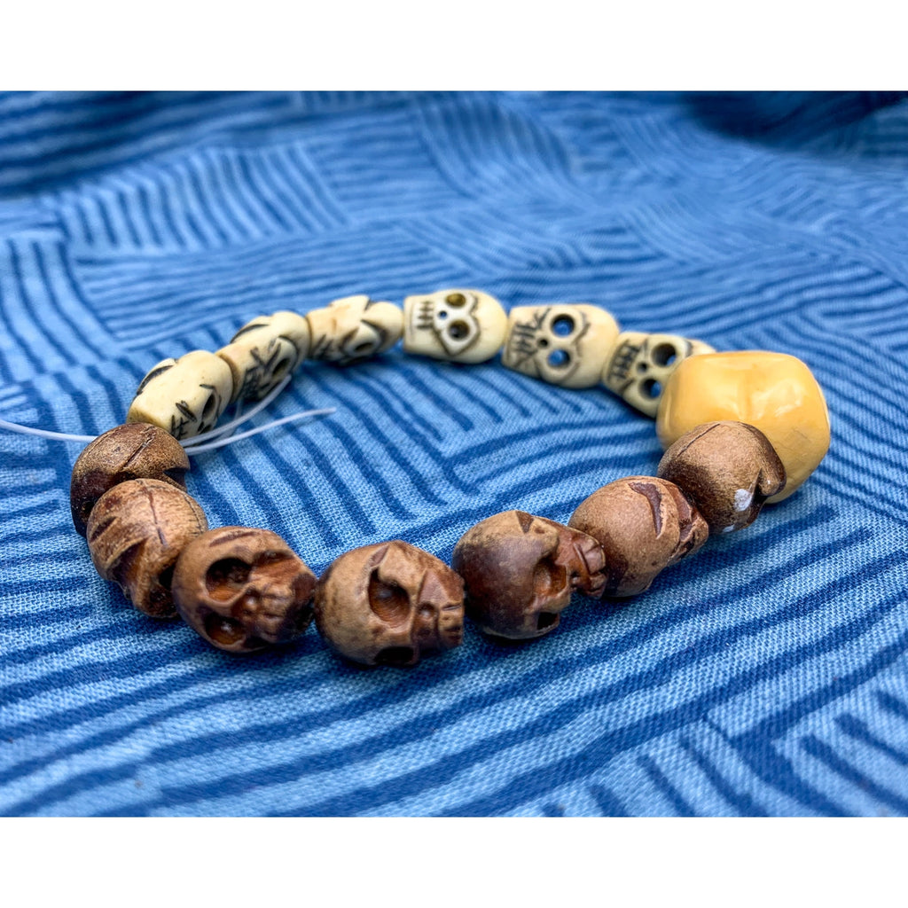 Memento Mori Wood and Bone Skull Stretch Bracelet