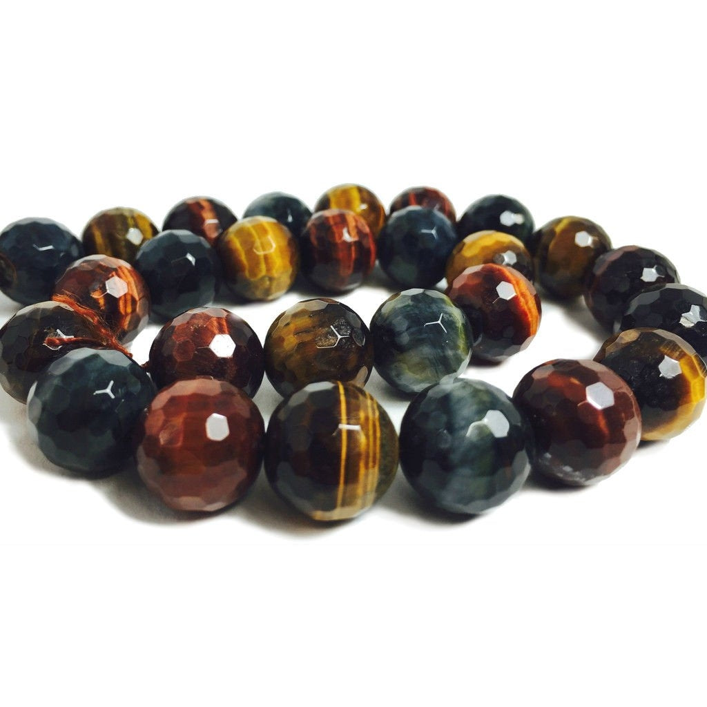 Tiger's Eye Red, Golden and Blue Faceted 14mm Rounds Strand