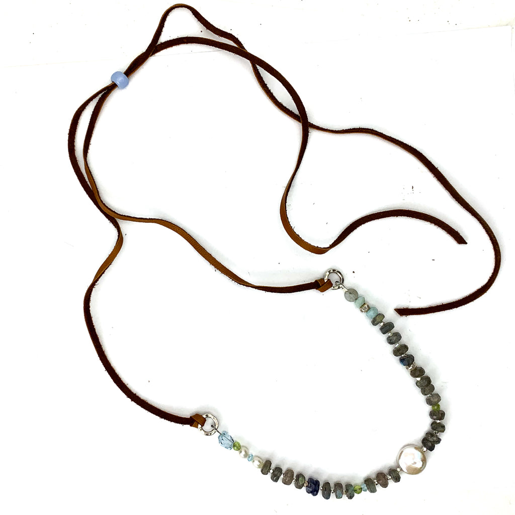 Labradorite, Aquamarine, Peridot, Iolite and Freshwater Pearl Leather Necklace #1