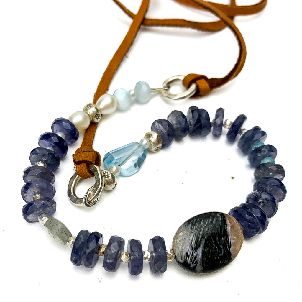 Iolite, Chaorite, Aquamarine, Larimar, Freshwater Pearl Leather Necklace #2