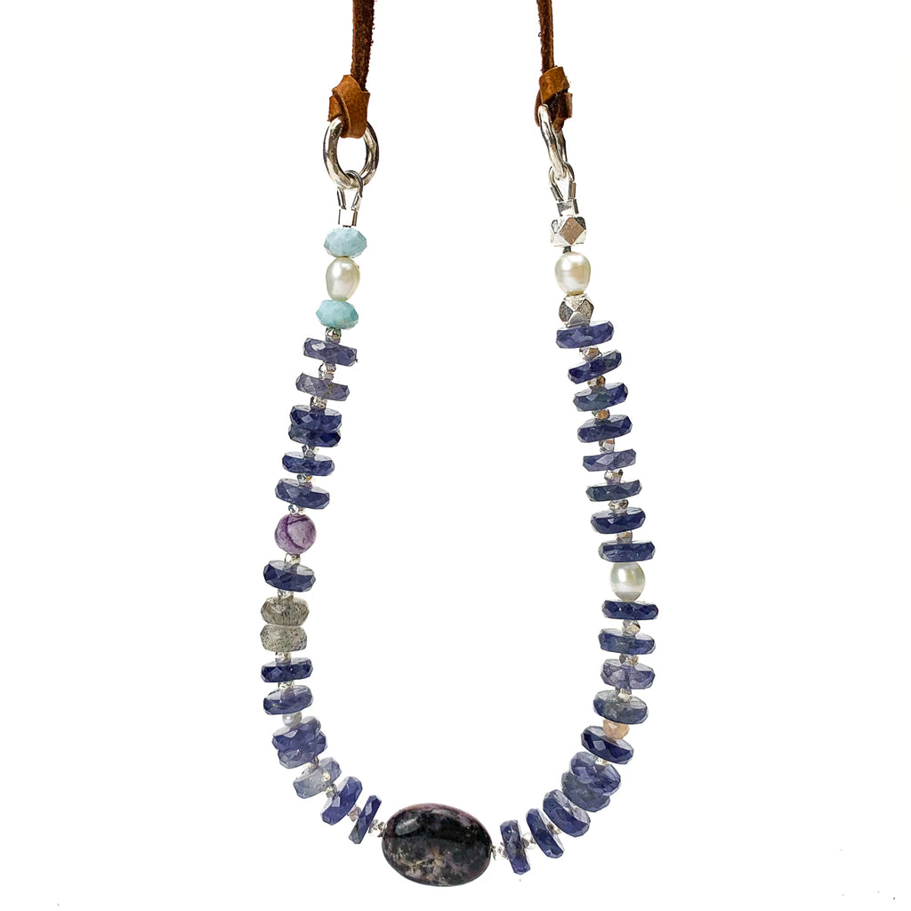 Iolite, Charoite, Purple Flower Jasper, Larimar, Labradorite, Freshwater Pearl Necklace #5