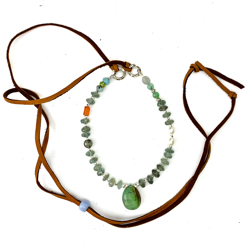 Chrysoprase, Moss Aquamarine, Freshwater Pearls, Labradorite, Larimar, Carnelian Necklace #6