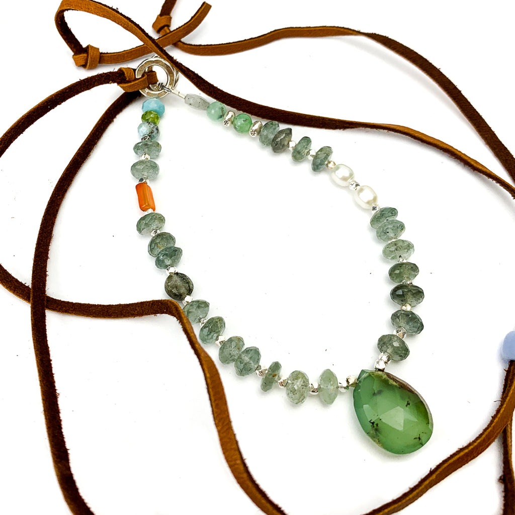 Chrysoprase, Moss Aquamarine, Freshwater Pearls, Labradorite, Larimar, Carnelian Necklace #6
