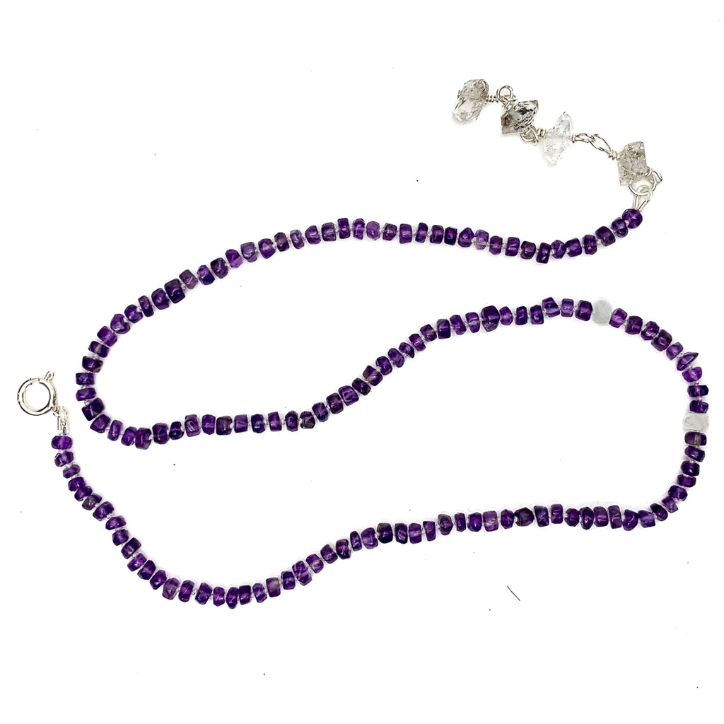 Amethyst, Moonstone, Herkimer Diamond Knotted Y Necklace With Sterling Silver Spring Clasp