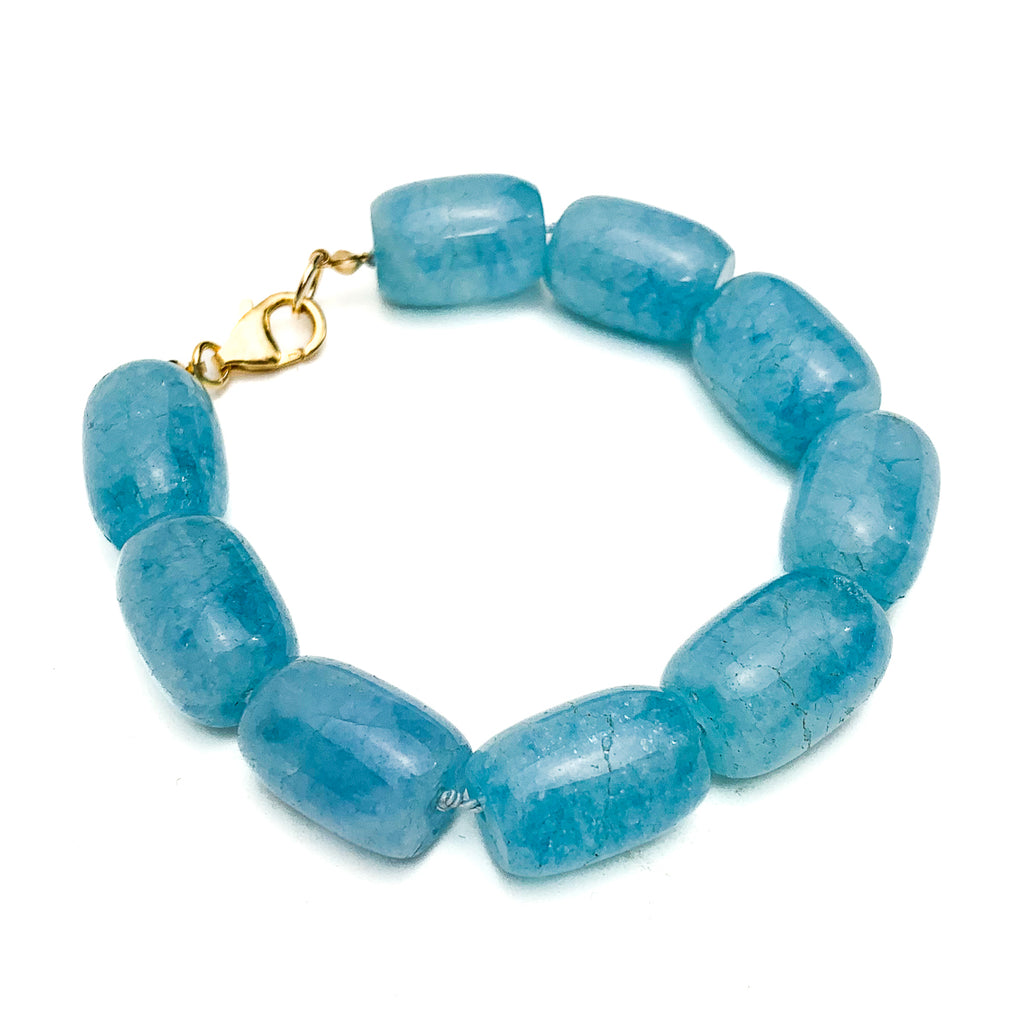 Aquamarine Smooth Barrel Knotted Bracelet With Gold-Filled Trigger Clasp