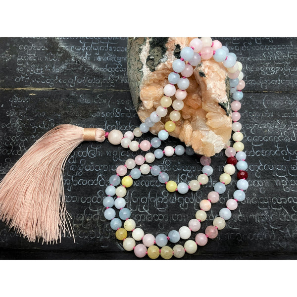 Multi-Colored Beryl 6mm Knotted Mala with Silk Tassel #23
