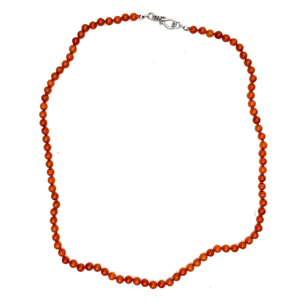 Coral 4mm Knotted Necklace With Sterling Silver J Hook Clasp