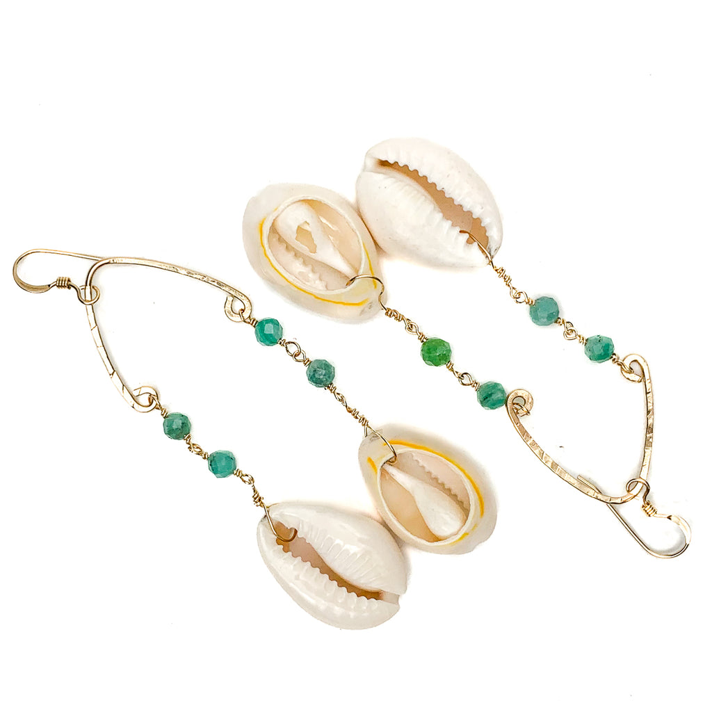 Cowrie Shell With Emerald Earrings With Gold-Fill French Wires