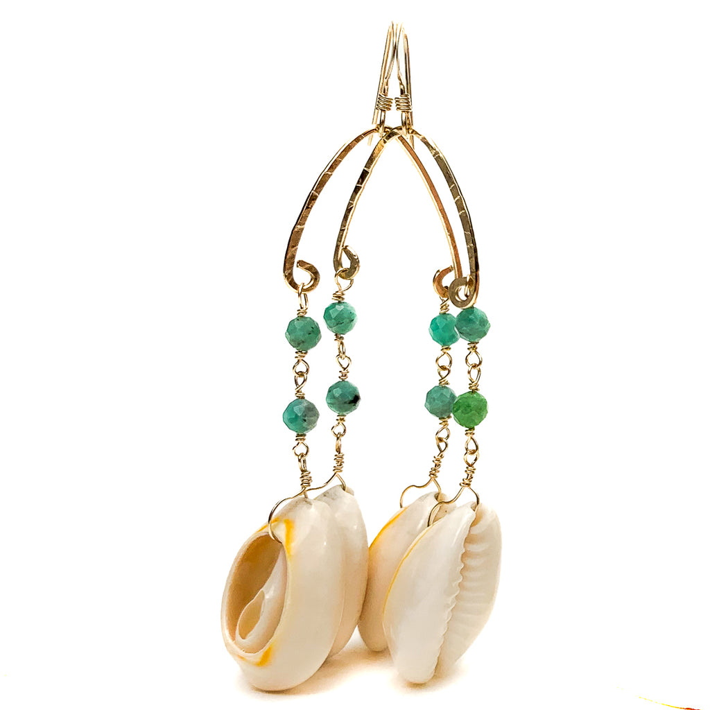 Cowrie Shell With Emerald Earrings With Gold-Fill French Wires