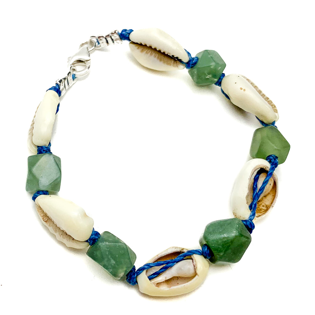 Cowrie Shell With Serpentine Bracelet With Sterling Silver Trigger Clasp