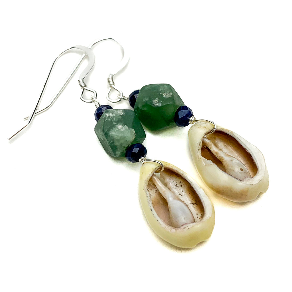 Cowrie Shell With Serpentine and Sapphire Earrings With Sterling Silver French Wires