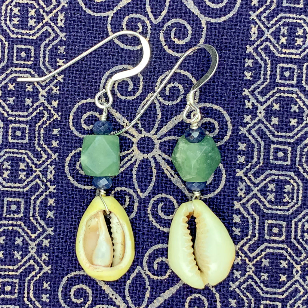 Cowrie Shell With Serpentine and Sapphire Earrings With Sterling Silver French Wires