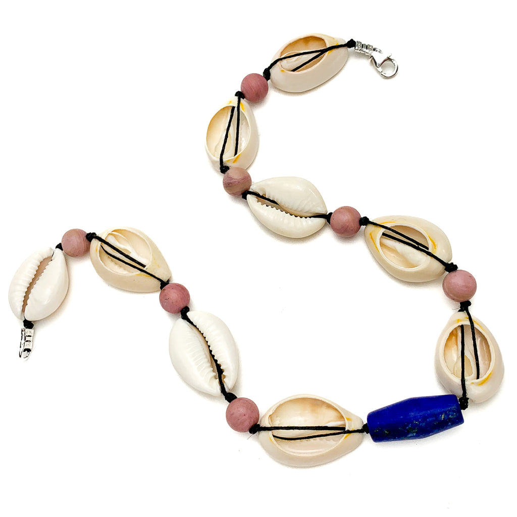 Cowrie Shell, Lapis Lazuli and Thulite Choker Necklace With Sterling Silver Trigger Clasp