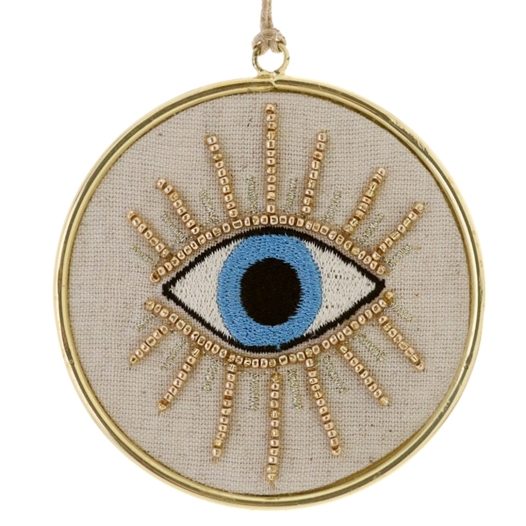 Embroidered Eye with Beads on Metal Ornament