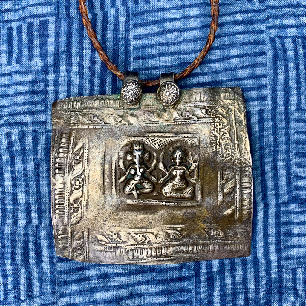 Hand Stamped 80% Silver Sheet Ganesha and Lakshmi Large Pectoral Pendant