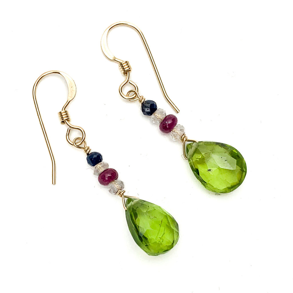 Peridot, Sapphire and Ruby Earrings with Gold Filled Ear Wires