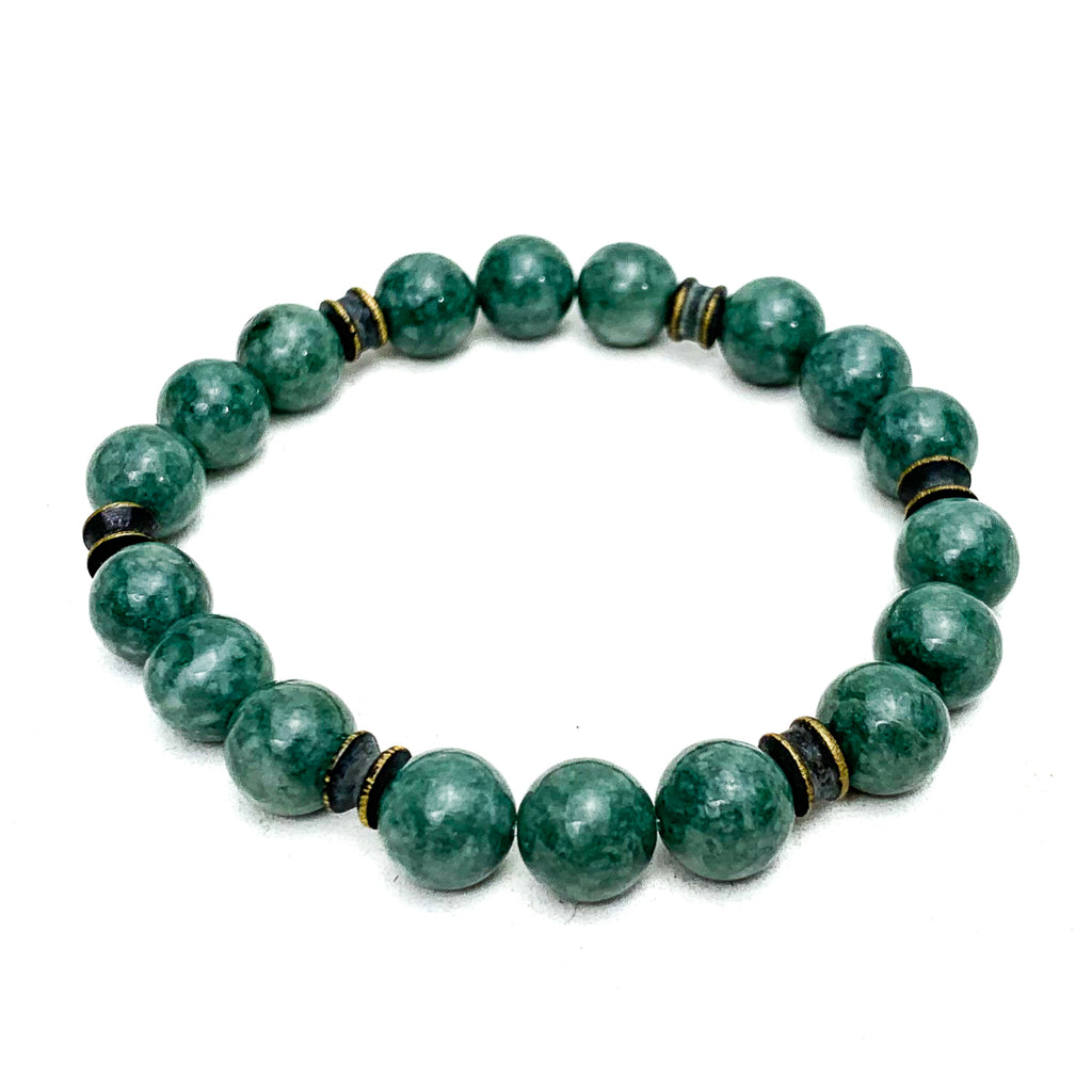 Burmese Jadeite Stretch Bracelets With Ocean Jasper, Matte Tiger's Eye, Brushed Brass