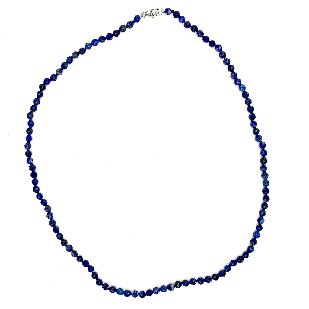 Lapis Lazuli Faceted 4mm Knotted Necklace With Sterling Silver Trigger Clasp