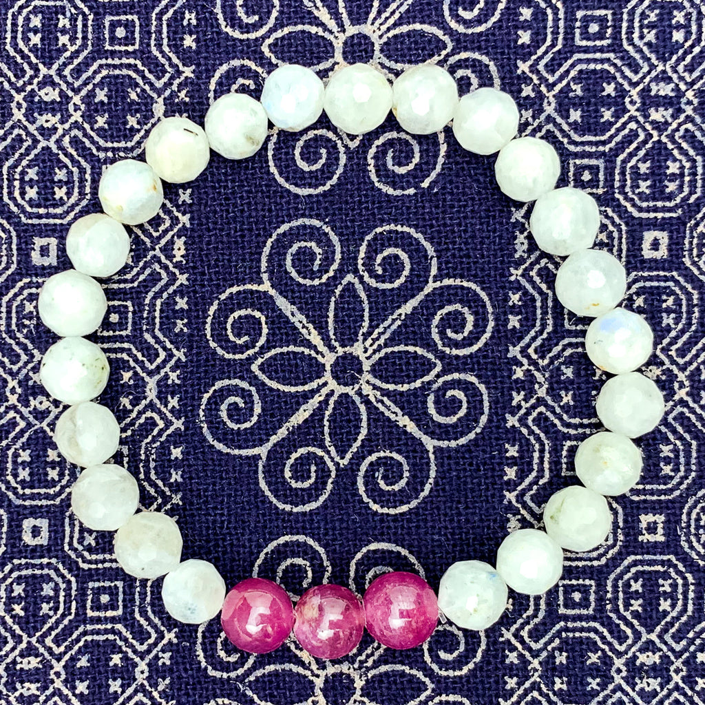 Faceted Moonstone and Pink Sapphire Stretch Bracelet