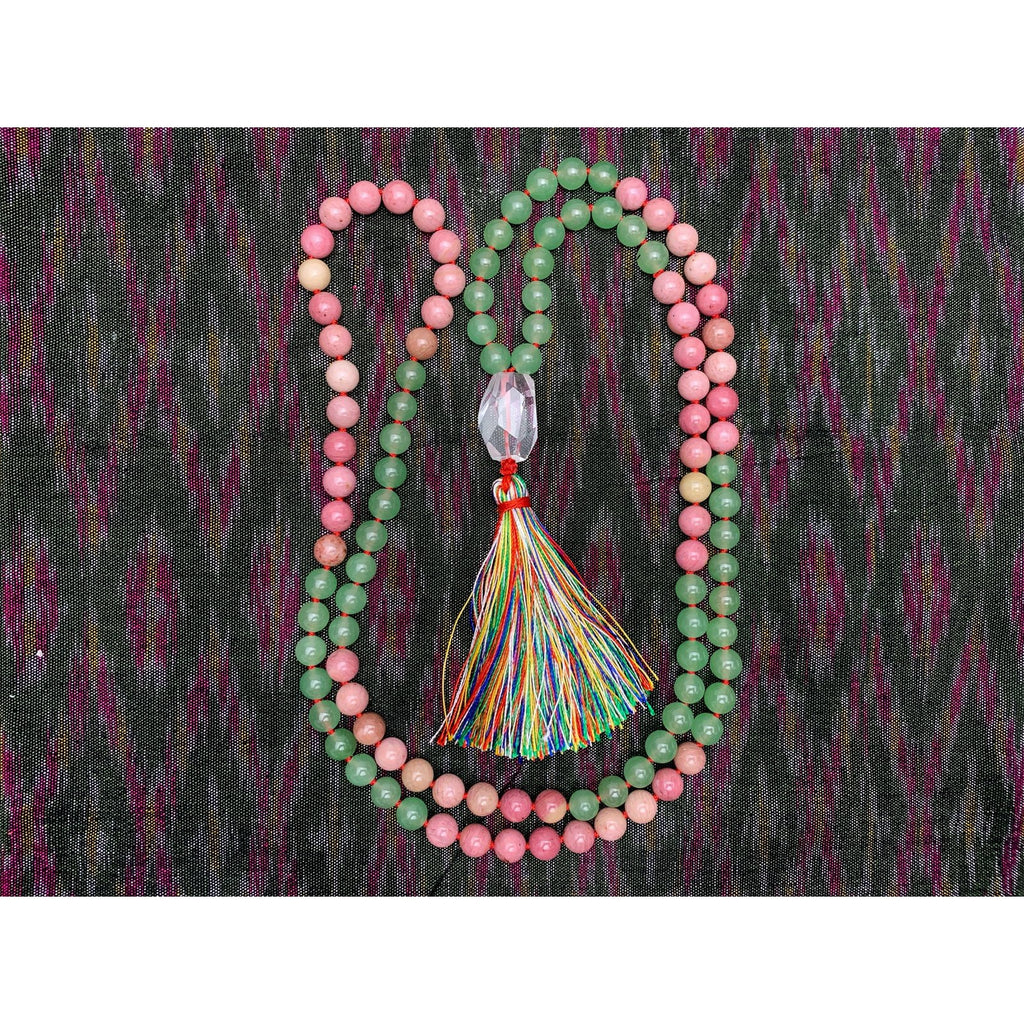 Rhodonite and Aventurine 8mm Knotted Mala with Silk Tassel #31