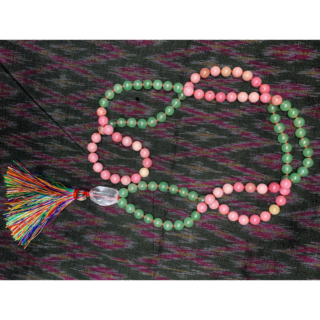 Rhodonite and Aventurine 8mm Knotted Mala with Silk Tassel #31