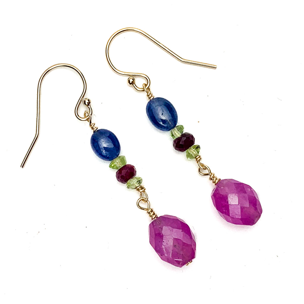 Sapphire, Ruby and Peridot Earrings with Gold Filled French Ear Wires