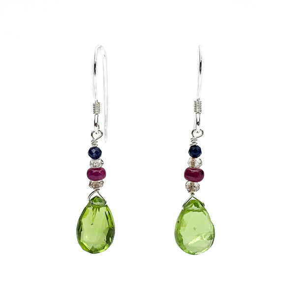Peridot, Sapphire and Ruby Earrings with Sterling Silver Ear Wires