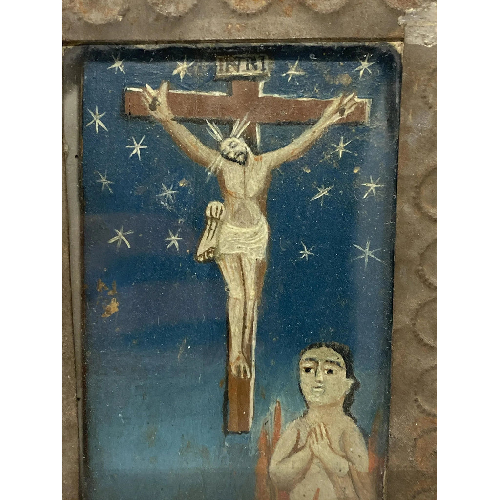 Christ Crucified Spanish Colonial Retablo in Original Tin Nicho
