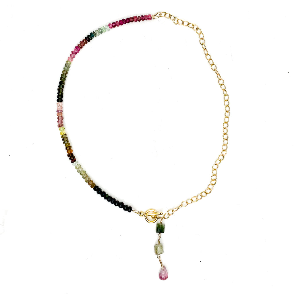 Multi-Color Tourmaline & Gold-Filled Chain Y Necklace With Gold-Filled Toggle Clasp