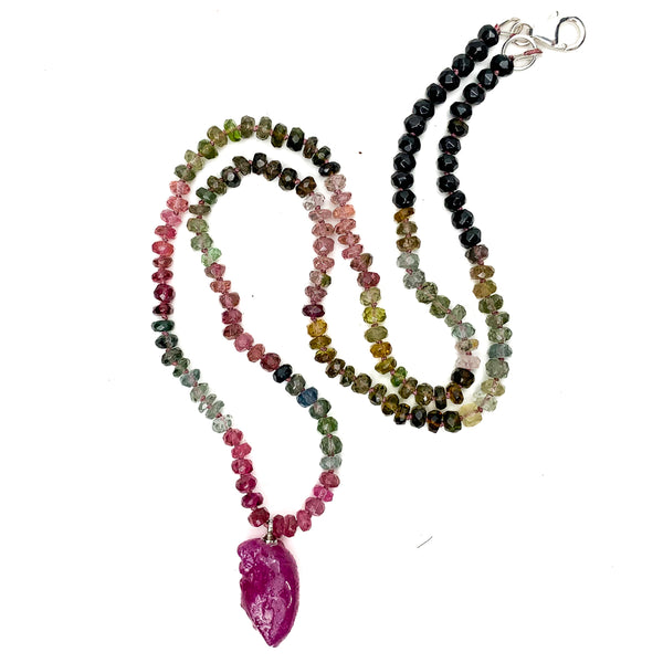 Multi-Color Tourmaline & Pink Tourmaline Pendant Knotted Necklace With Sterling-Silver Trigger Clasp